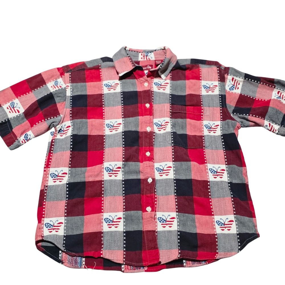 VTG Company One Red Plaid Butterfly‎ American Flag Country 4th of July Shirt XL